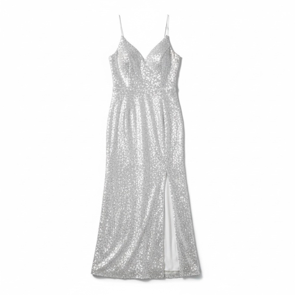 B. Smart White Sequin Formal Dress Size 11 V Neck‎ Sparkly Prom Gown Slit